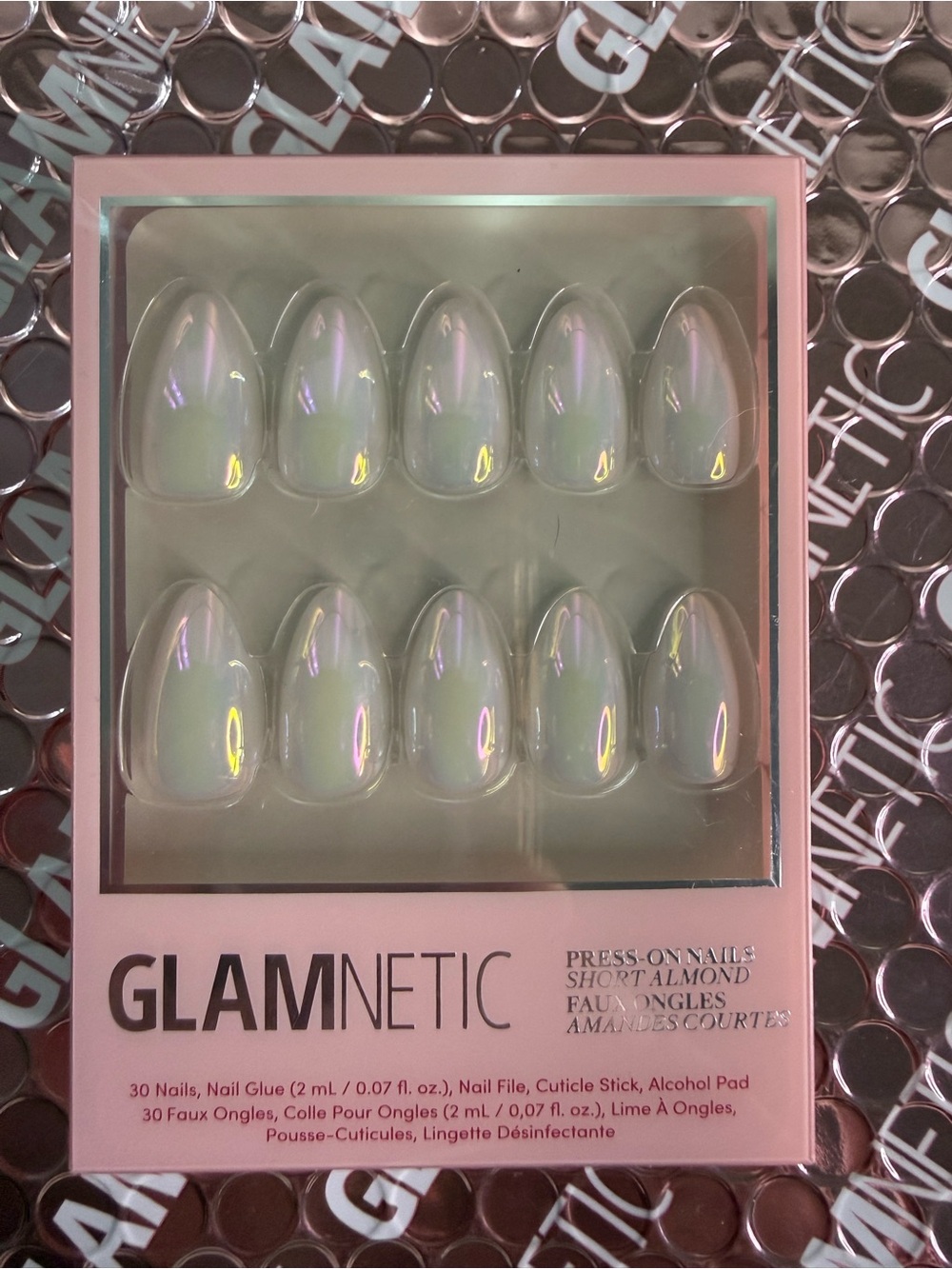Glamnetic Short Almond Press-On Nails — Iridescent White